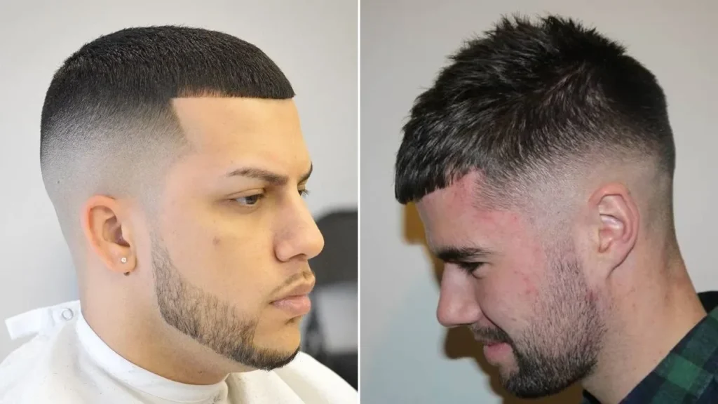 Men’s hairstyle with a modern Caesar cut featuring added texture and longer fringe.