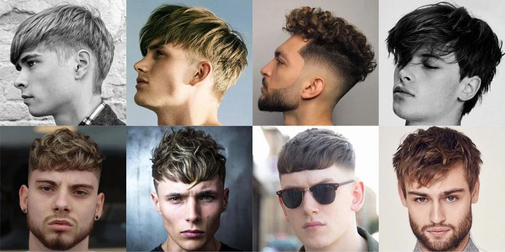 Man with a modern angular fringe hairstyle, featuring a textured angled fringe and clean sides