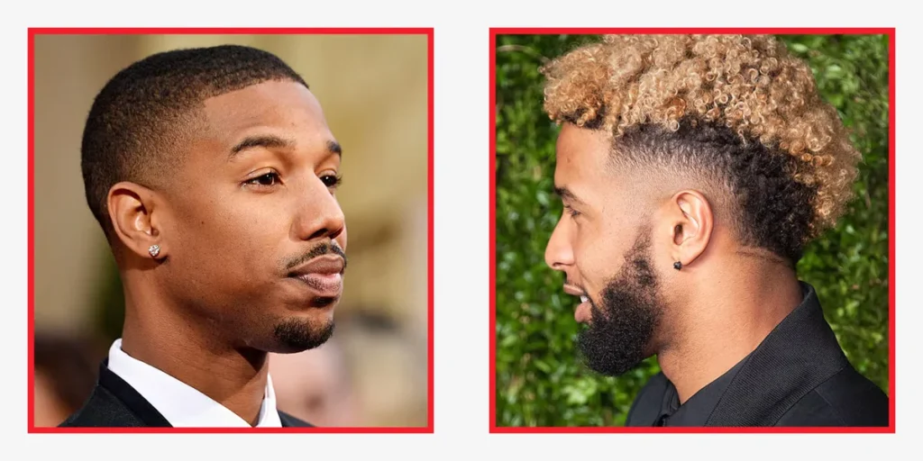 Men’s curly hairstyle featuring sharp temple fade