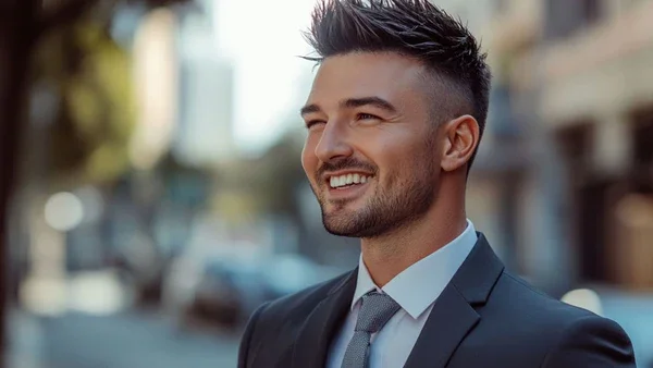 Spiky top men’s hairstyle with textured, voluminous hair styled upward.