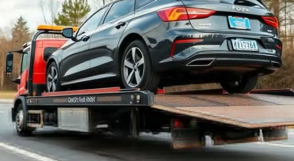 Flatbed tow truck carrying a black Audi on the road.