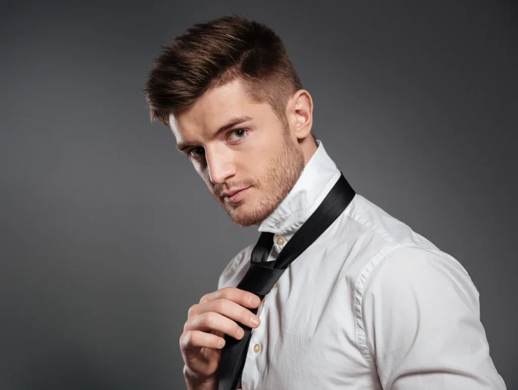 Man with a clean taper fade haircut featuring a defined side part for a polished look.