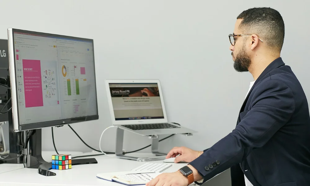 A marketer analyzing charts and reports