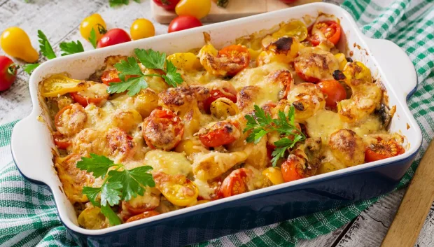 vegetable casserole with zucchini, mushrooms and cherry tomatoes-cheap family dinner recipes