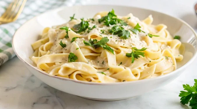 A plate of fettuccine alfredo with fresh parsley