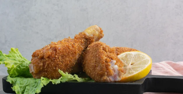 Chicken crispy legs with lettuce and lemon on dark board-cheap easy meals for family