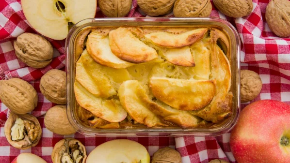 Apple pie in glassware on coverlet-crockpot recipes for potluck