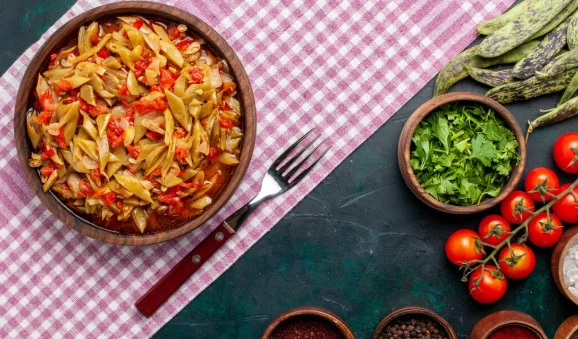 Top view sliced vegetable meal delicious beans meal