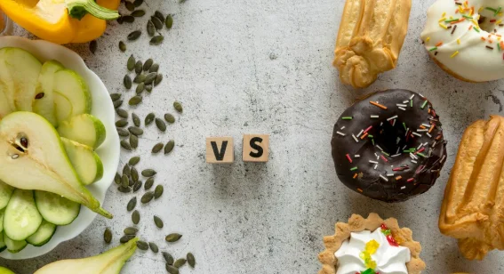 High angle view of tasty food showing healthy versus unhealthy concept-crockpot express