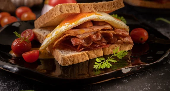 Breakfast sandwich made with bread, fried egg, ham, and lettuce-potluck crockpot dishes
