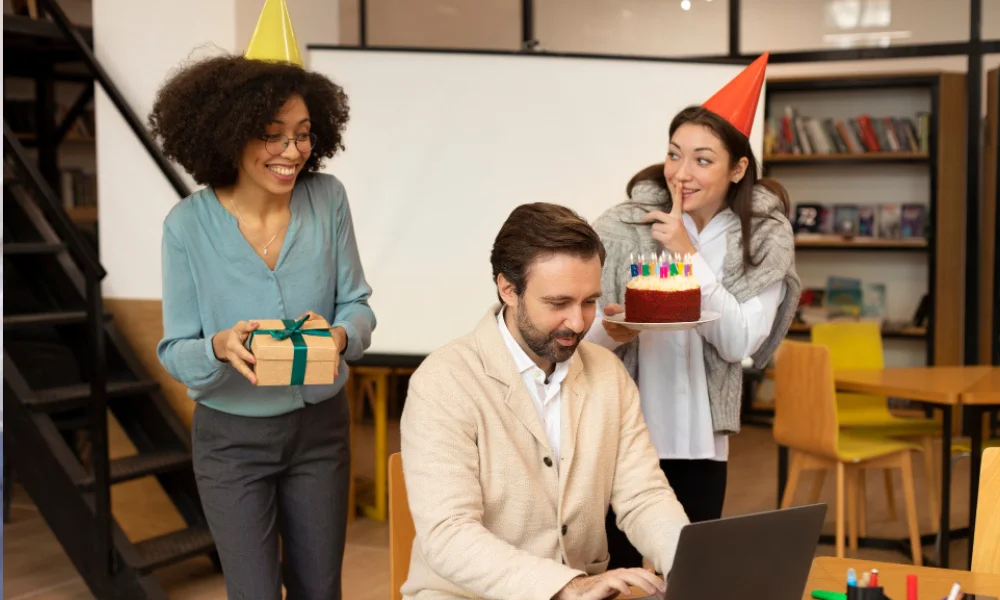 celebrating promotion with coworkers in email marketing specialist