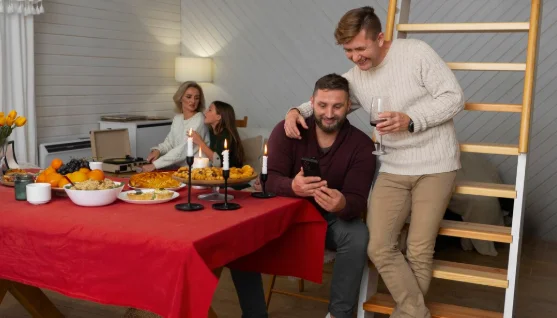 Gay couple spending time with family-dinner ideas for family