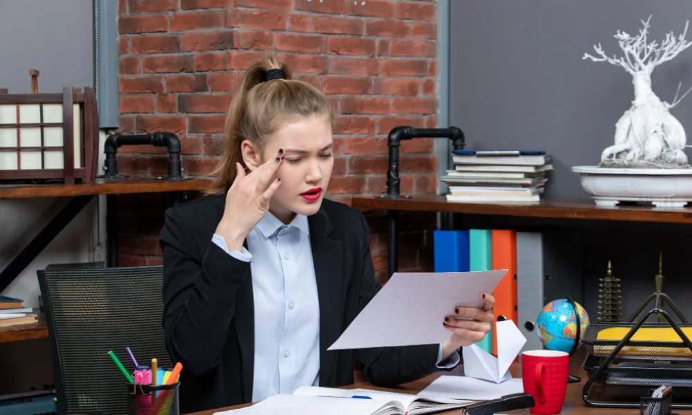 Frustrated professional looking at messy brand materials spread across desk.