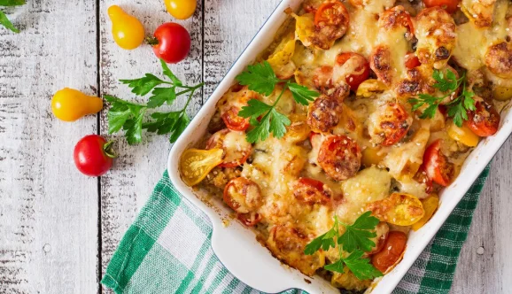 Vegetarian vegetable casserole with zucchini, mushrooms and cherry tomatoes-easy dinner recipes for family