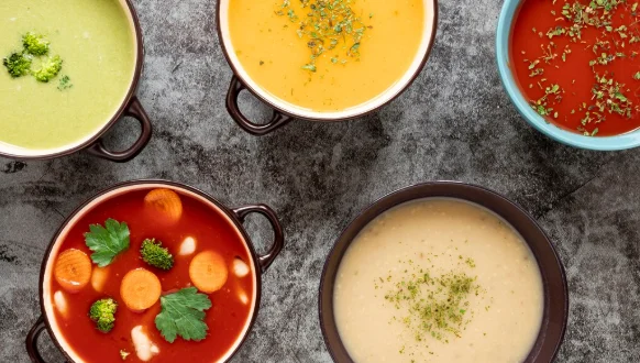 Flat lay homemade soups assortment-quick dinner ideas for family