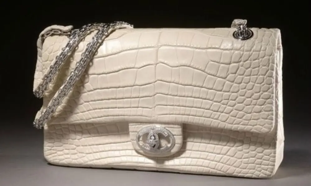 White crocodile leather Chanel Diamond Forever handbag with diamond-encrusted clasp, one of the most expensive handbags.