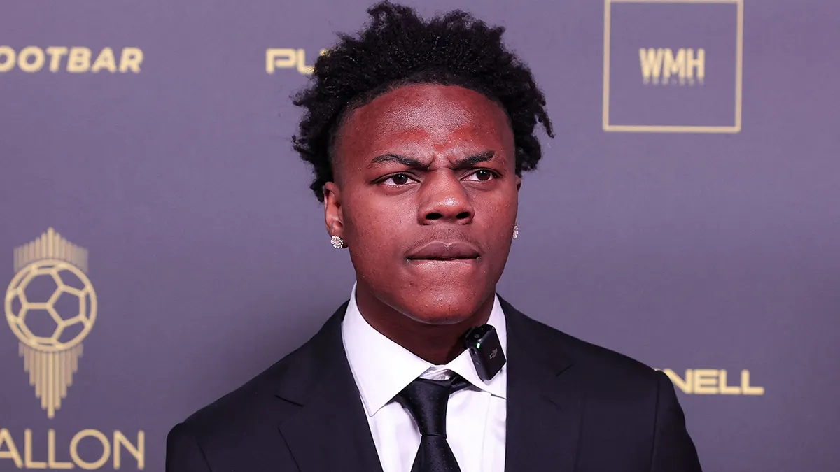 YouTuber and streamer IShowSpeed looking focused while wearing a suit at the Ballon d'Or ceremony.