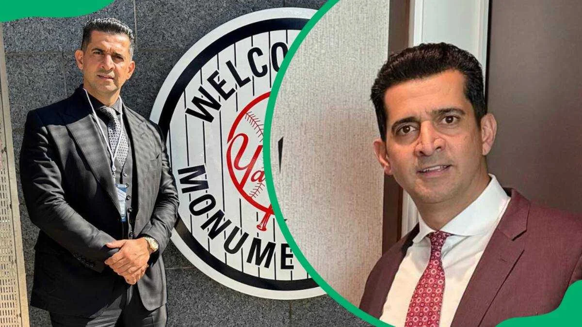 A split-screen graphic showing Patrick Bet-David standing in a dark suit next to a New York Yankees emblem on the left and a headshot of him wearing a maroon suit jacket and patterned red tie on the right.
