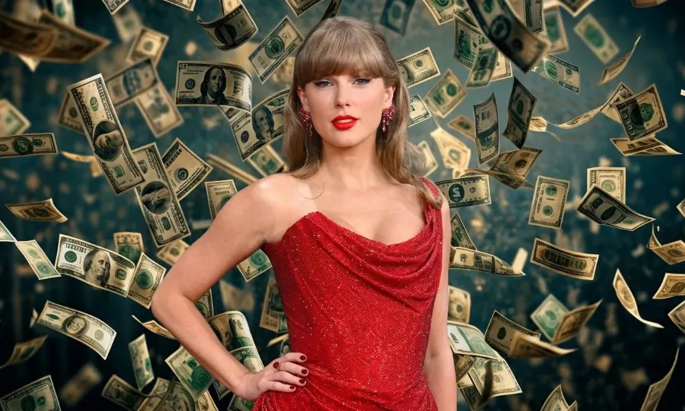Portrait of billionaire musician Taylor Swift surrounded by floating money for taylor swift networth.