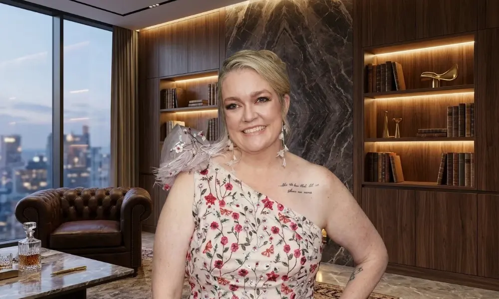 Portrait of author Colleen Hoover in a luxury penthouse setting for Colleen Hoover Net Worth 2026. 