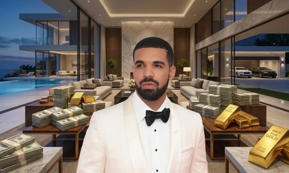 Drake posing with stacks of money and gold in a mansion for drake wealth in 2026.