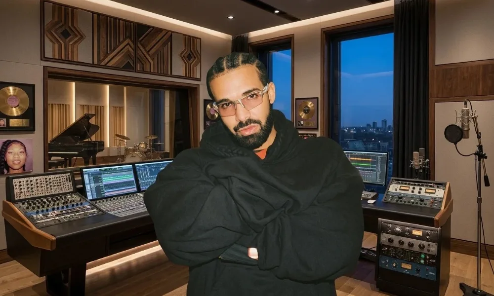 Drake posing in a luxury music studio for drake wealth in 2026.