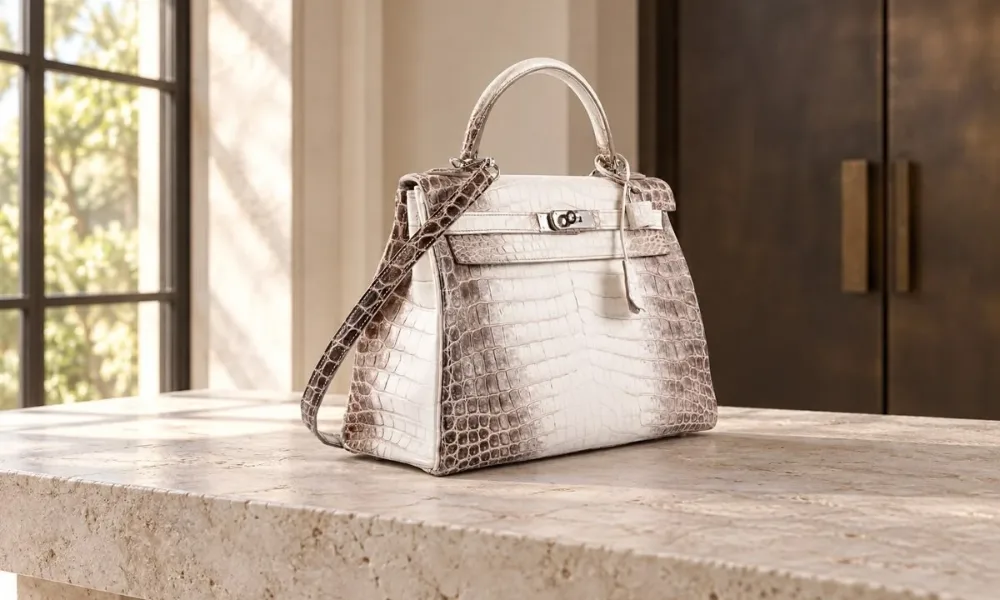  Hermès Himalaya Kelly crocodile handbag on a stone table, one of the most expensive handbags. 