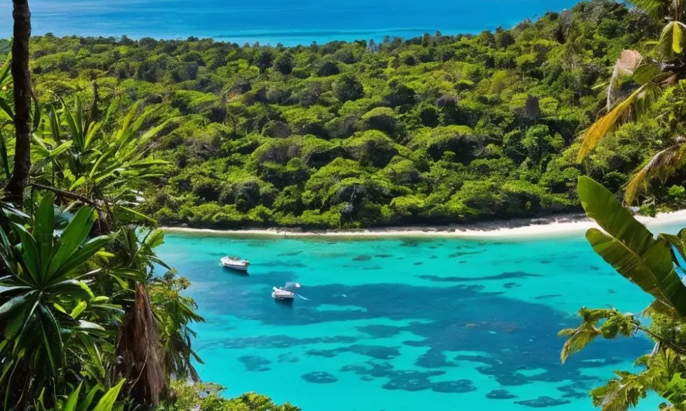 Turquoise lagoon and lush forest at Laucala Island Resort for Most Exclusive Travel Destinations.