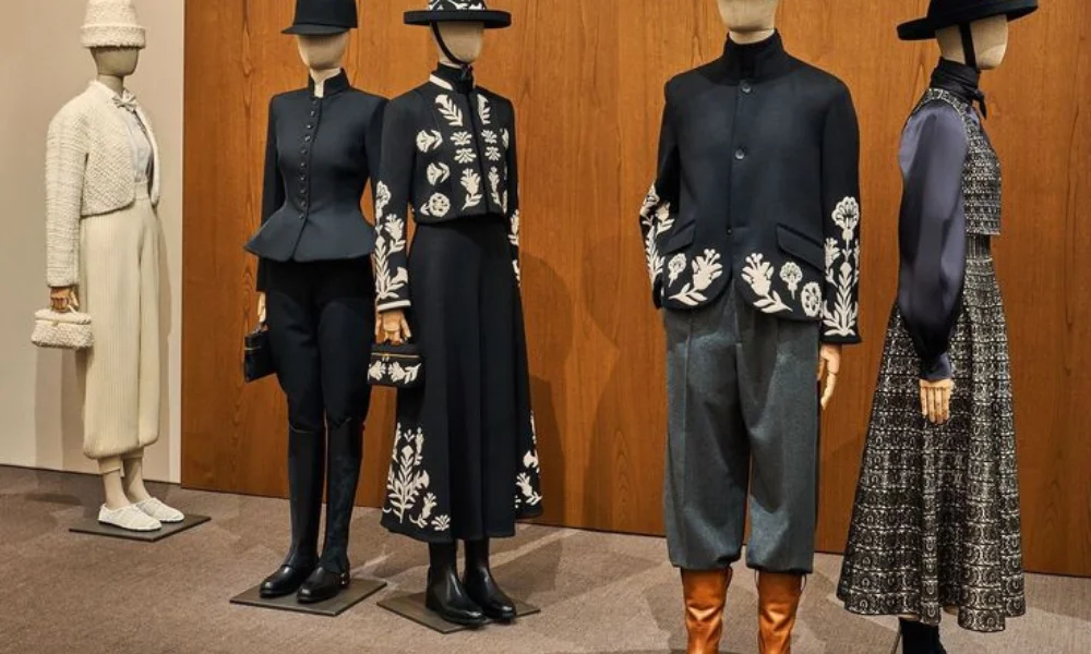 A luxury fashion mannequin display featuring high-end equestrian and tailored outfits in black, cream, and patterned fabrics with white floral embroidery and matching hats, showcasing quiet luxury from old money fashion brands. 