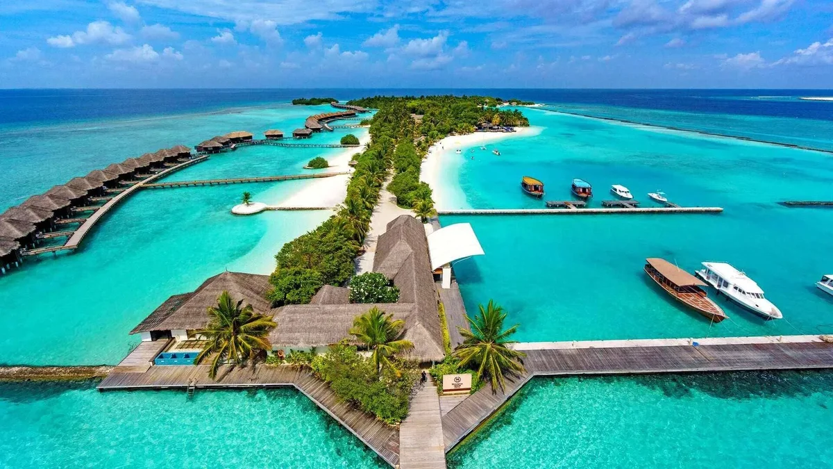 Aerial view of a tropical island resort in the Maldives-Best Luxury Travel Destinations
