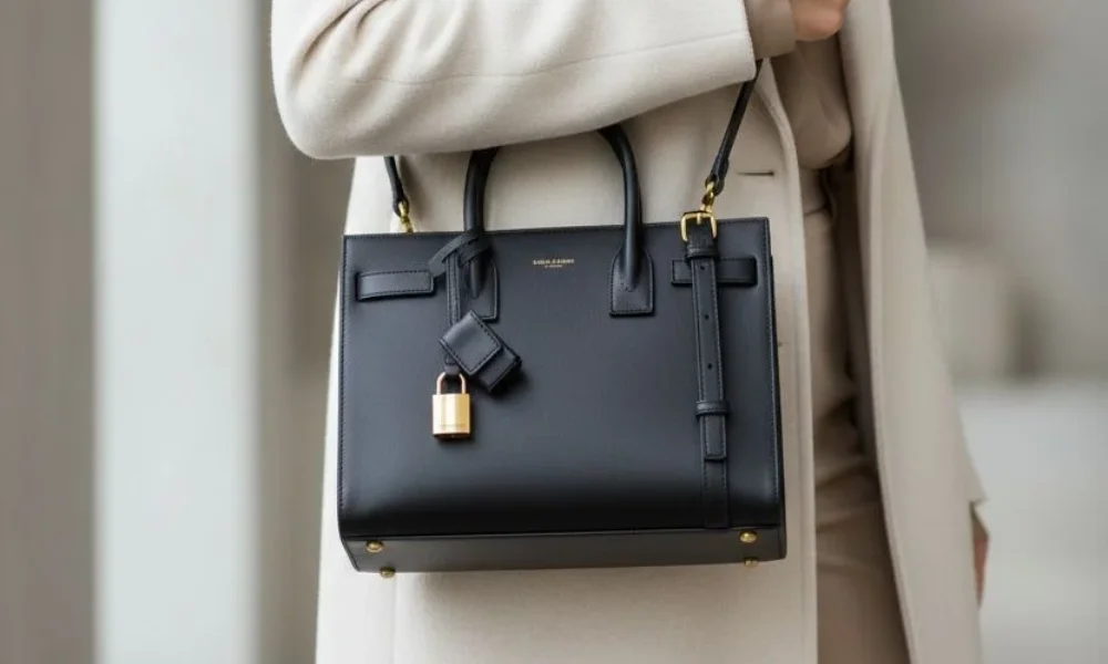A structured black leather Saint Laurent Sac de Jour handbag with gold padlock accents carried over the shoulder, demonstrating timeless luxury styles when evaluating if luxury brands worth investing