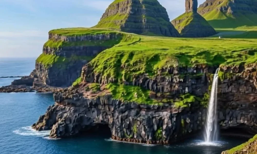 Ocean waterfall cascading from grassy cliffs in the Faroe Islands for Most Exclusive Travel Destinations.
