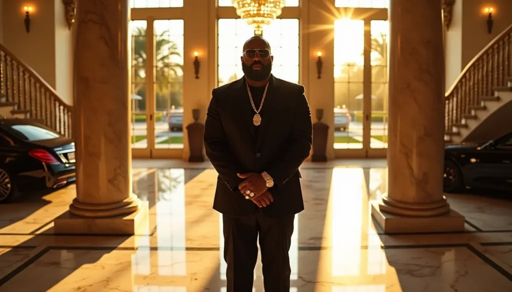 Rick Ross posing confidently with luxury cars and a mansion in the background, representing his $150 million net worth and business empire.