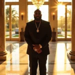 Rick Ross posing confidently with luxury cars and a mansion in the background, representing his $150 million net worth and business empire.