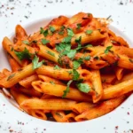 Side view penne pasta with tomato sauce and greens on a plate