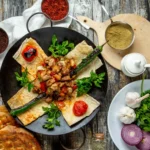 Meat sadj vegetables greens spices top view