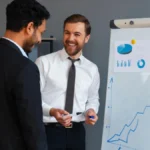 Business owner celebrating growth while SEO consultant shows improved ranking report