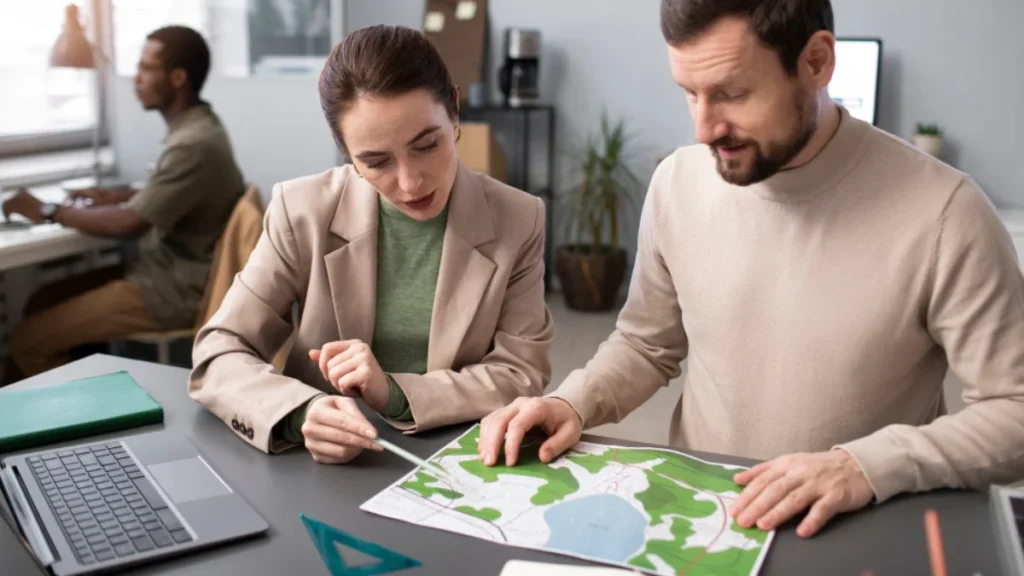 Team planning multi-location SEO strategy using laptops, city maps, and analytics