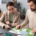 Team planning multi-location SEO strategy using laptops, city maps, and analytics