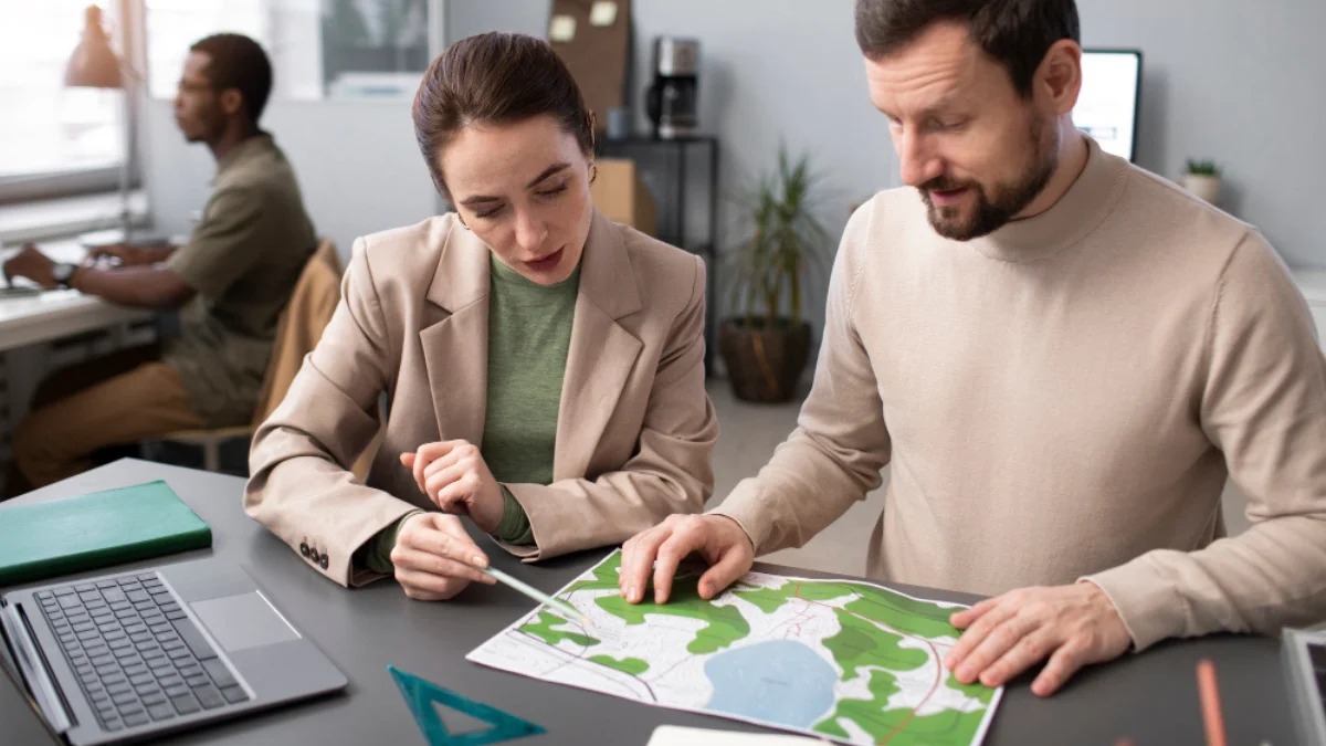 Team planning multi-location SEO strategy using laptops, city maps, and analytics