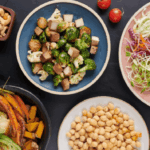 Top view food arrangement on wooden background