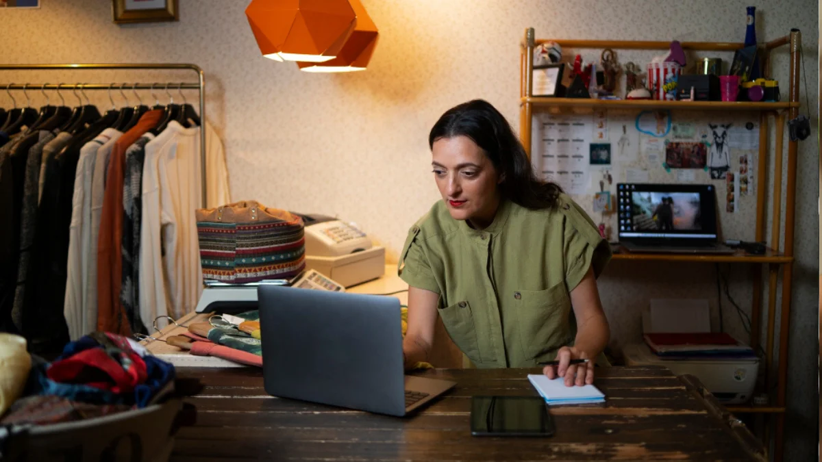 Business owner using laptop to improve local SEO tools strategy in store