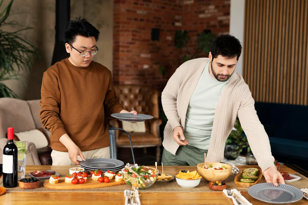 Medium shot men with delicious food