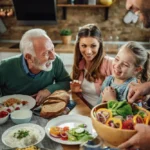 family having fun while talking during lunch