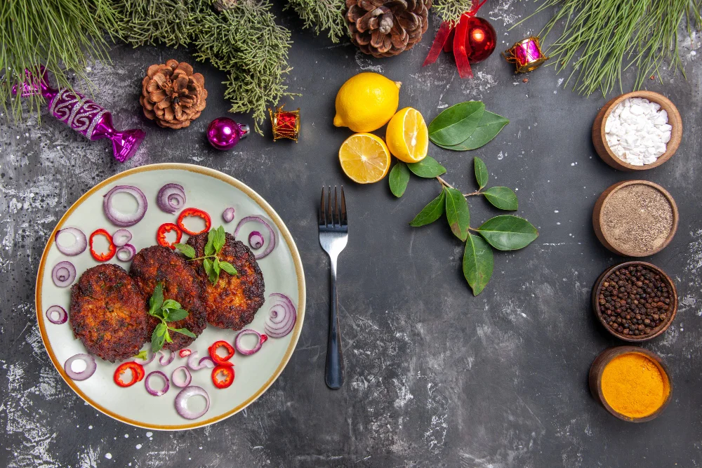 yummy cutlets with onion rings on grey desk dish meat meal cuisine
