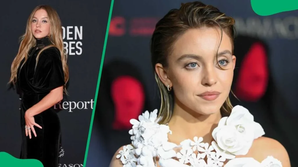 Sydney Sweeney in two red-carpet appearances, wearing black and white floral outfits.