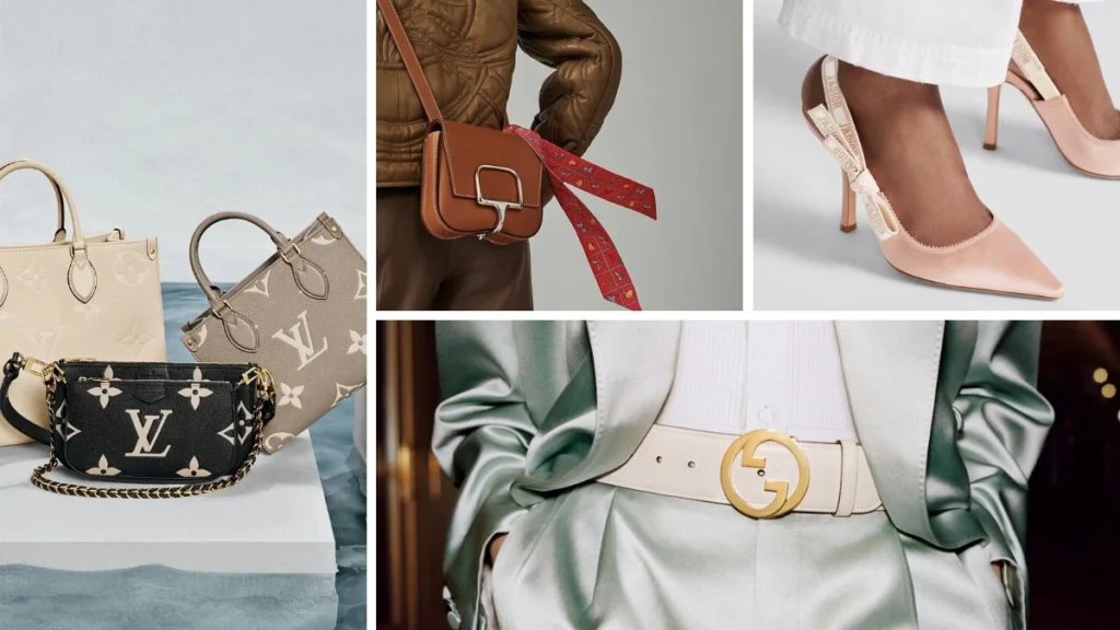Photo grid showcasing luxury fashion accessories, including Louis Vuitton monogram handbags, a brown crossbody bag with a printed scarf, pink Dior slingback heels, and a Gucci logo belt.