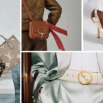 Photo grid showcasing luxury fashion accessories, including Louis Vuitton monogram handbags, a brown crossbody bag with a printed scarf, pink Dior slingback heels, and a Gucci logo belt.
