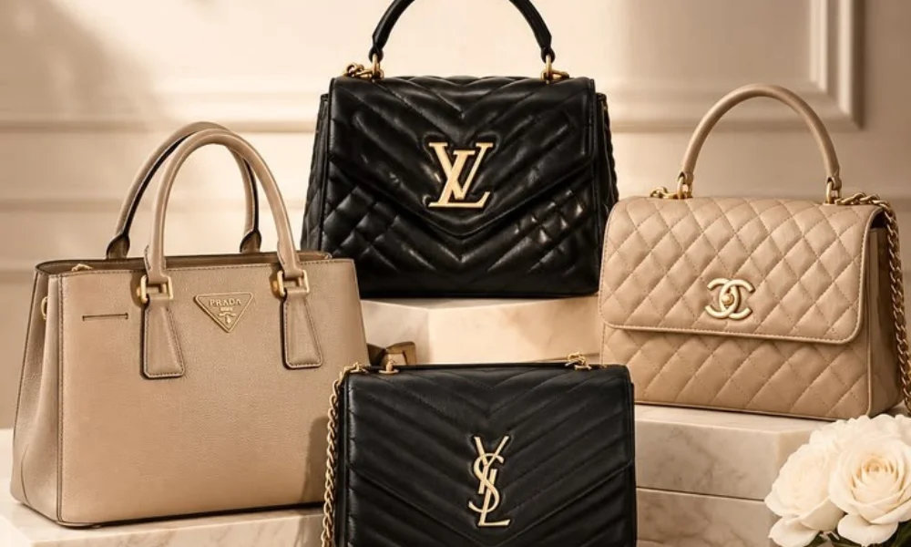 An assortment of high-end handbags from Prada, Louis Vuitton, Chanel, and Yves Saint Laurent arranged on marble stands, highlighting iconic fashion pieces to consider when evaluating are luxury brands worth investing in