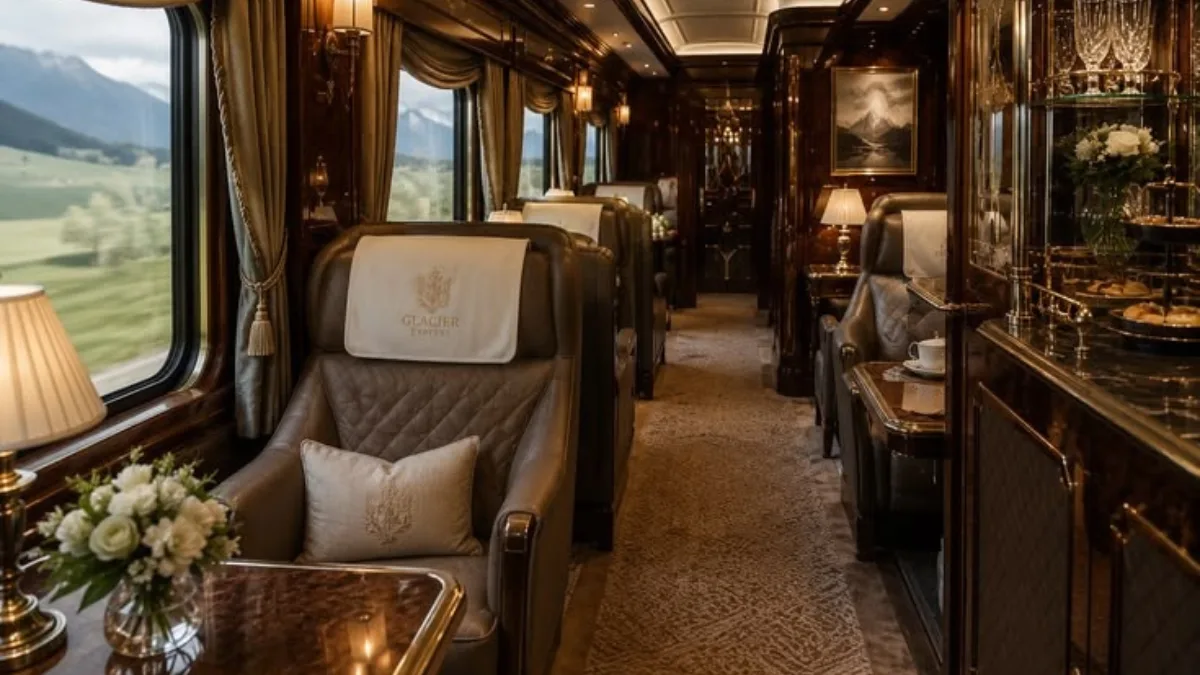 The interior of a luxury train car with plush leather seats and wood paneling, featuring a window view of the Swiss Alps, perfect for luxury train journeys.